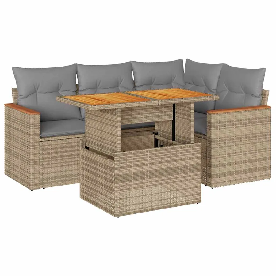 Salon de jardin avec coussins 5 pcs beige résine tressée acacia - 2