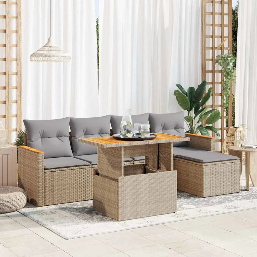 Salon de jardin 6 pcs avec coussins beige résine tressée acacia