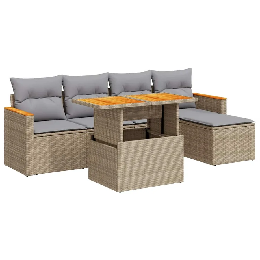 Salon de jardin 6 pcs avec coussins beige résine tressée acacia - 2