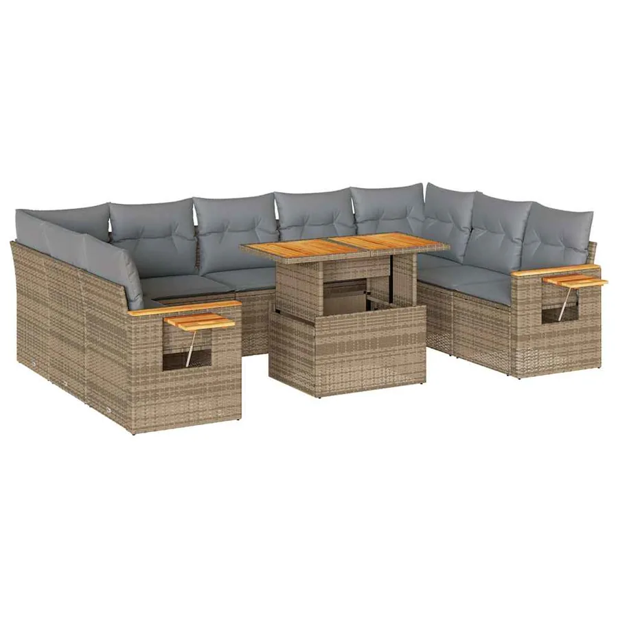 Salon de jardin avec coussins 10pcs beige résine tressée acacia - 2
