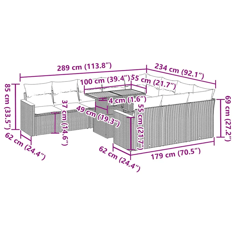 Ensemble de canapés de jardin 11 pcs et coussins rotin acacia - 14