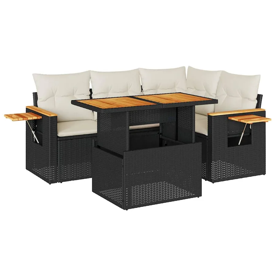 Salon de jardin 5 pcs avec coussins noir résine tressée acacia - 2