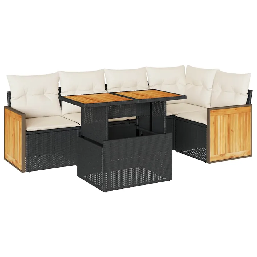 Salon de jardin 6 pcs avec coussins noir résine tressée acacia - 2