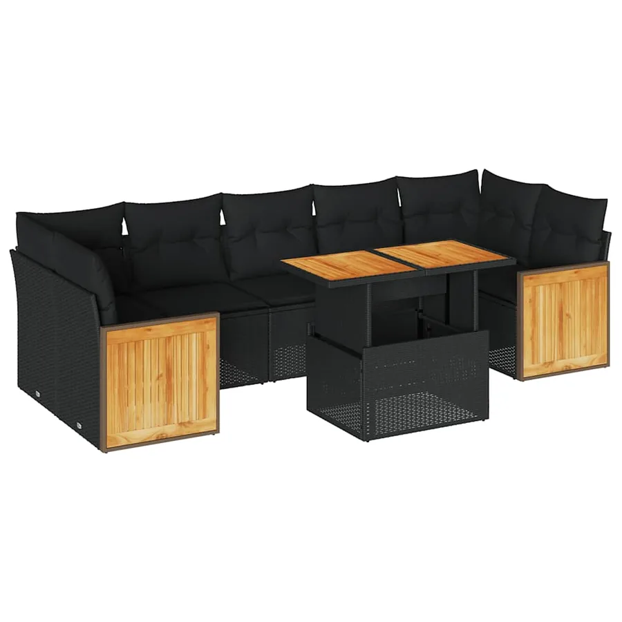 Salon de jardin avec coussins 8 pcs noir résine tressée acacia - 2