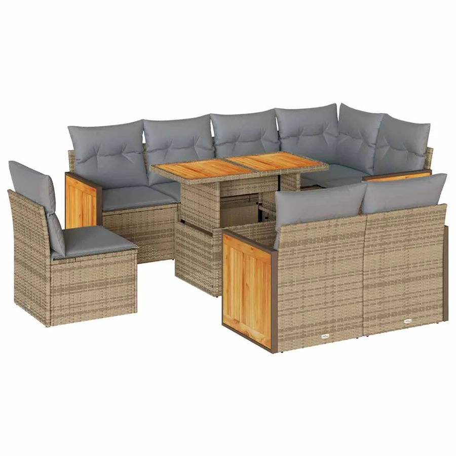 Salon de jardin avec coussins 9 pcs beige résine tressée acacia - 2