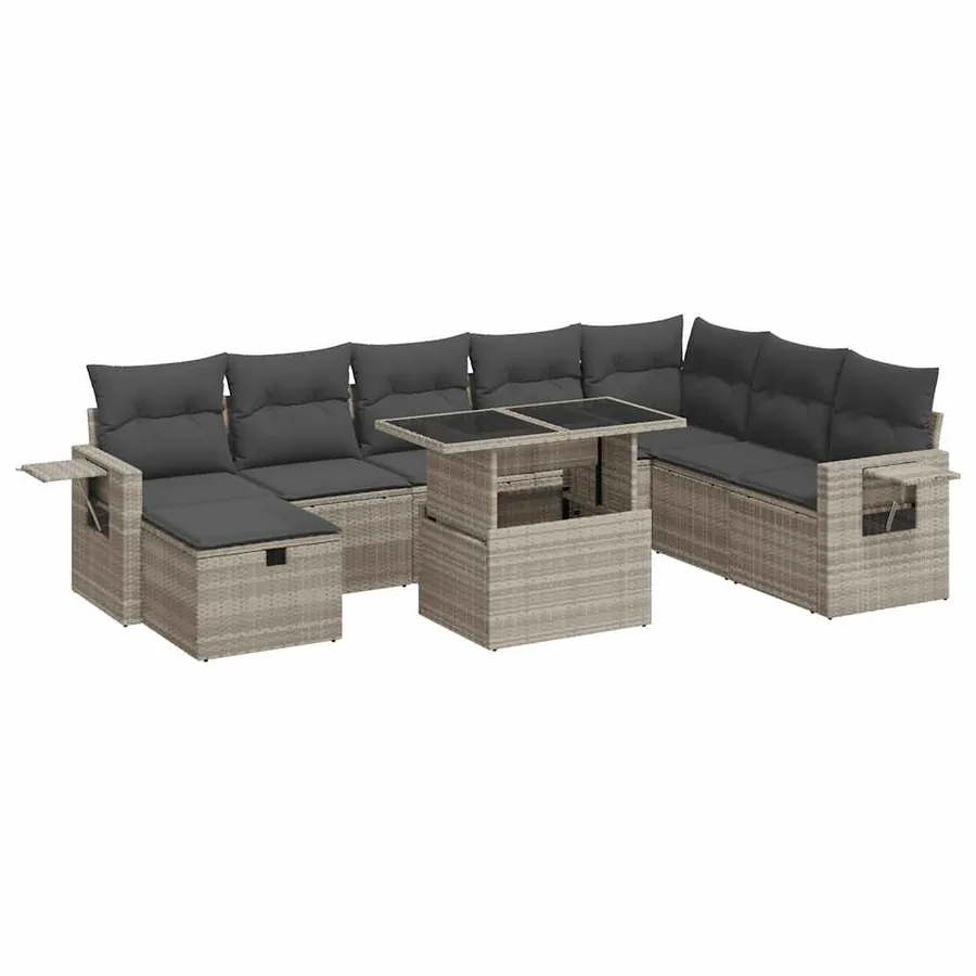 Salon de jardin 9 pcs avec coussins gris clair résine tressée - 2