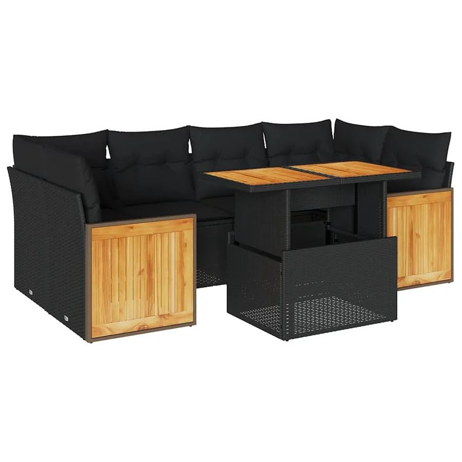 Salon de jardin avec coussins 7 pcs noir résine tressée acacia - 2