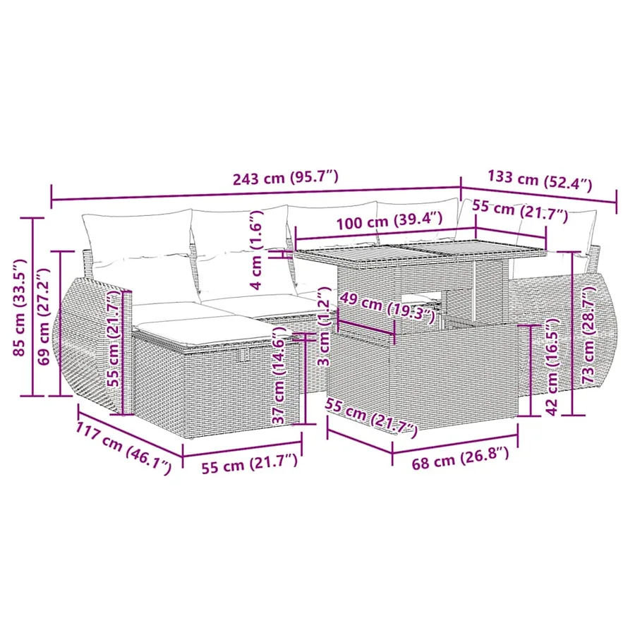 Salon de jardin avec coussins 8 pcs noir résine tressée acacia - 17