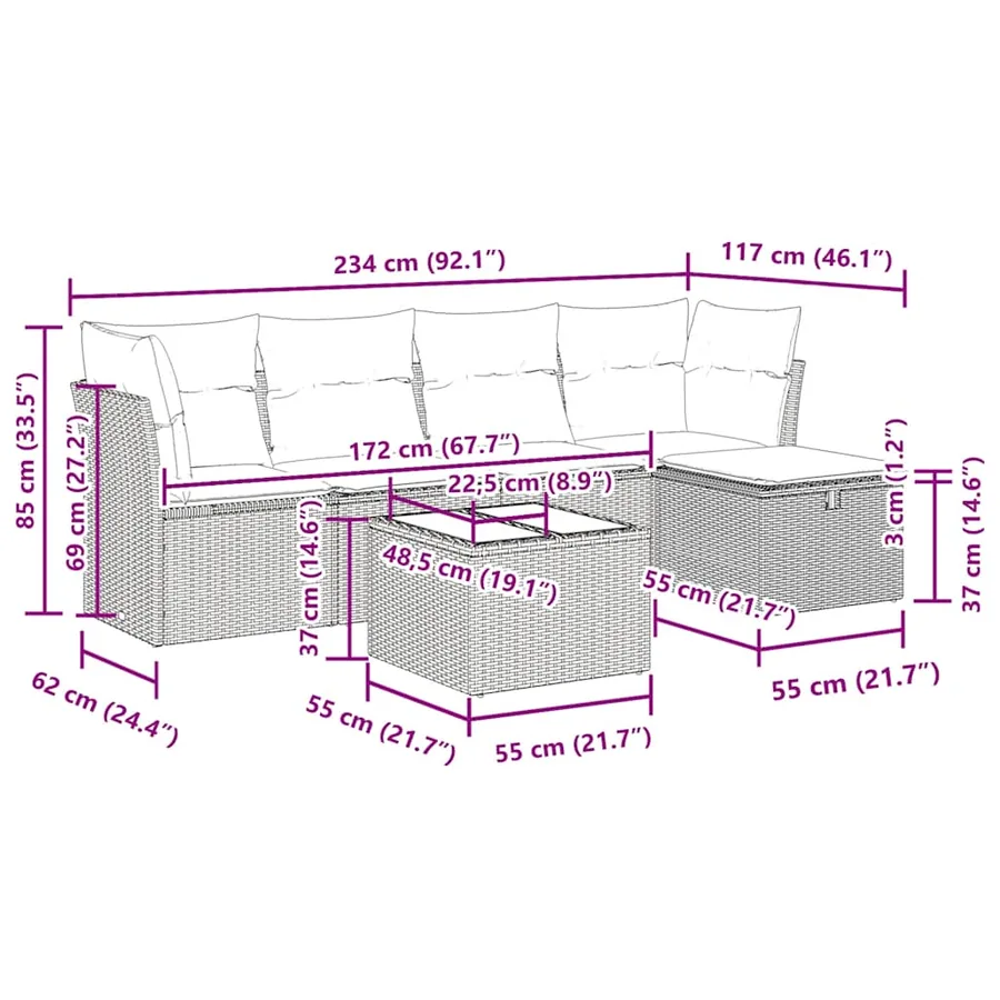 Salon de jardin 6 pcs avec coussins gris clair résine tressée - 12