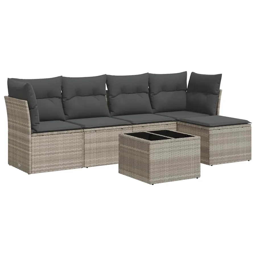 Salon de jardin 6 pcs avec coussins gris clair résine tressée - 2