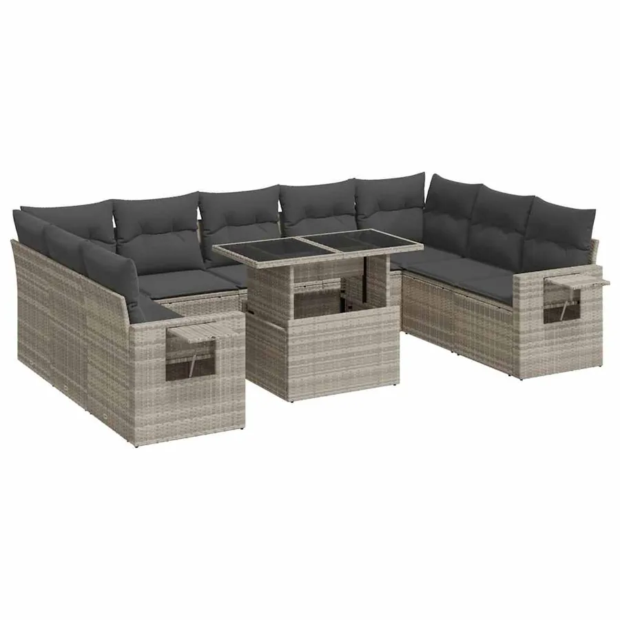 Salon de jardin avec coussins 10 pcs gris clair résine tressée - 2