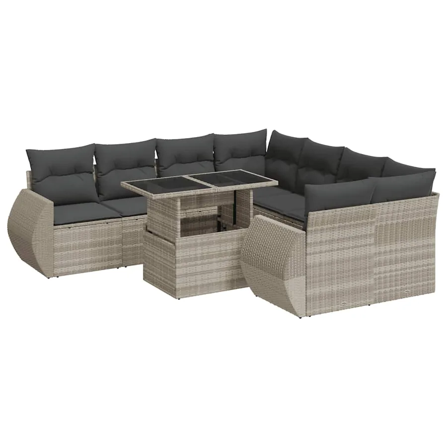 Salon de jardin 9 pcs avec coussins gris clair résine tressée - 2
