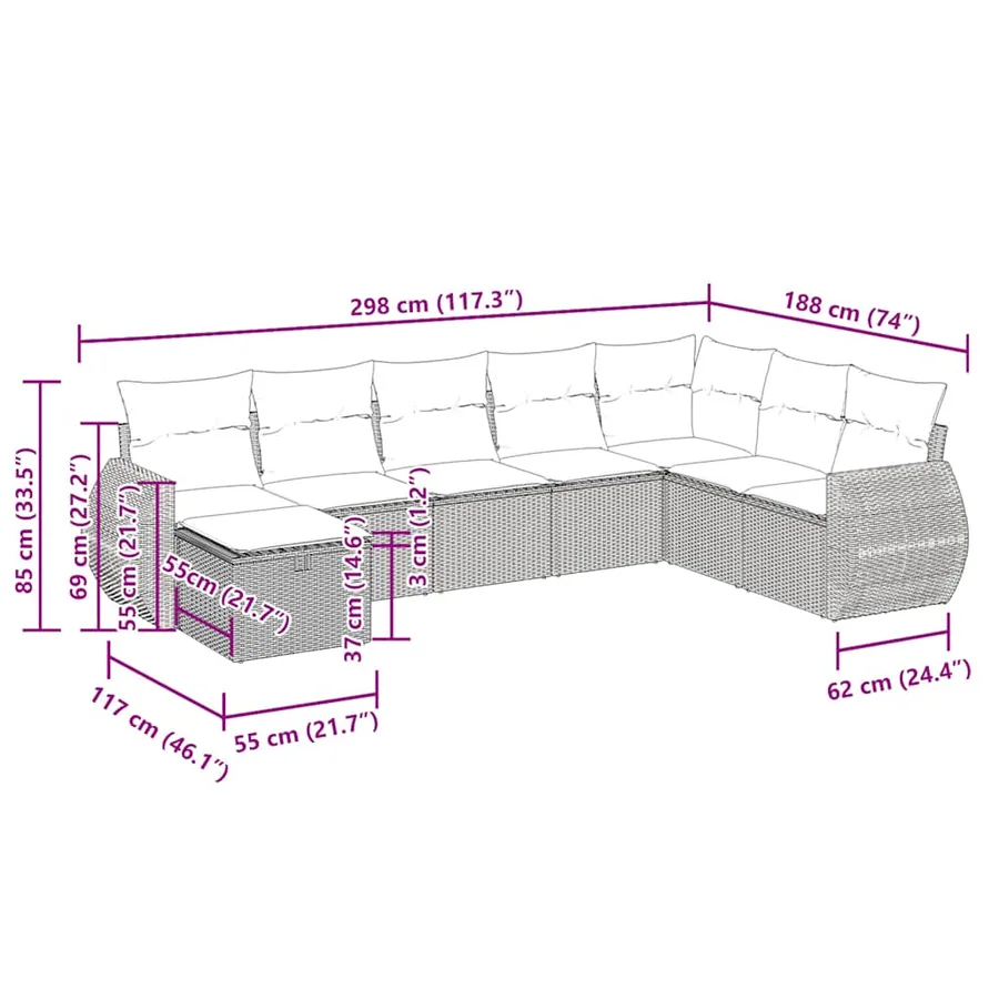 Salon de jardin 8 pcs avec coussins gris clair résine tressée - 14