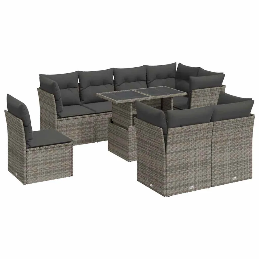 Salon de jardin 9 pcs avec coussins gris résine tressée - 2
