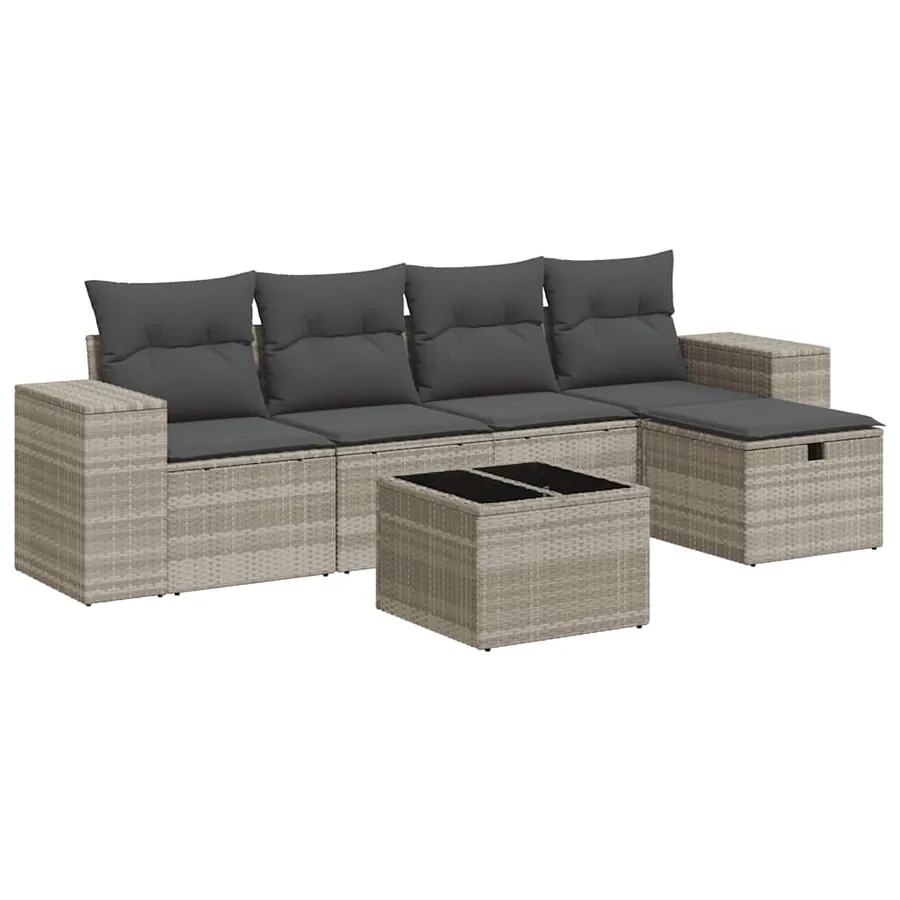 Salon de jardin 6 pcs avec coussins gris clair résine tressée - 2