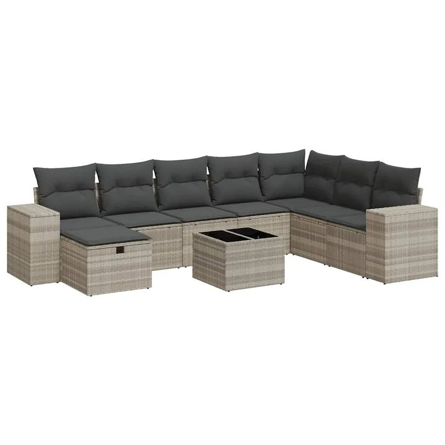 Salon de jardin 9 pcs avec coussins gris clair résine tressée - 2