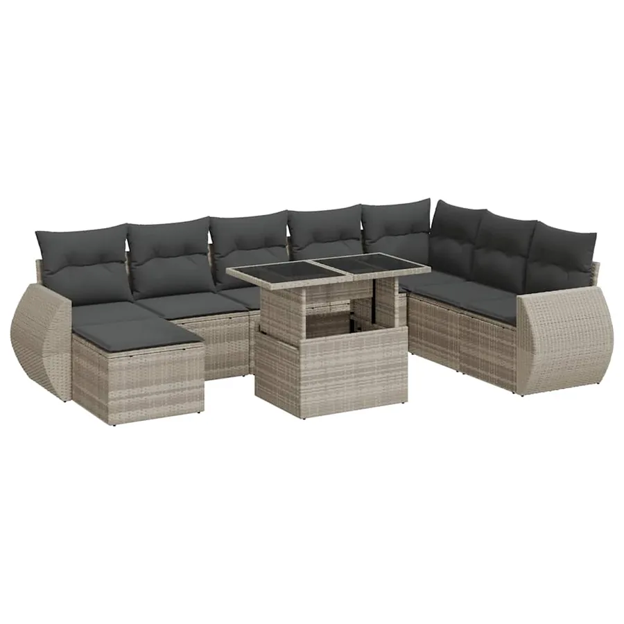 Salon de jardin 9 pcs avec coussins gris clair résine tressée - 2