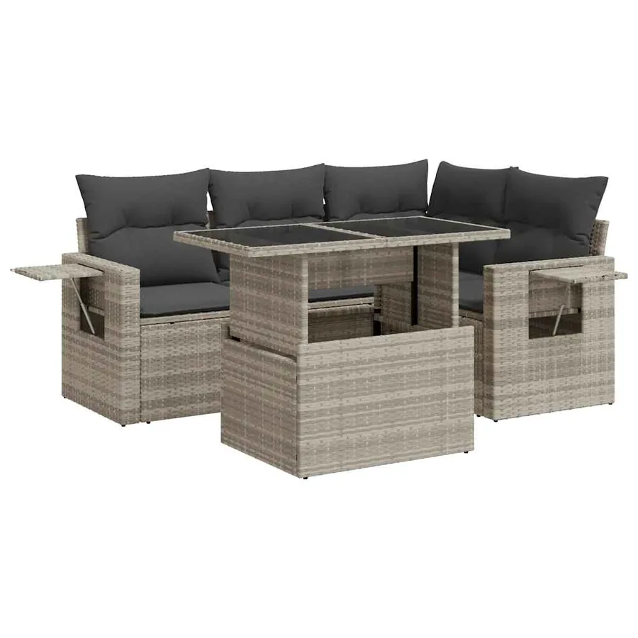 Salon de jardin 5 pcs avec coussins gris clair résine tressée - 2