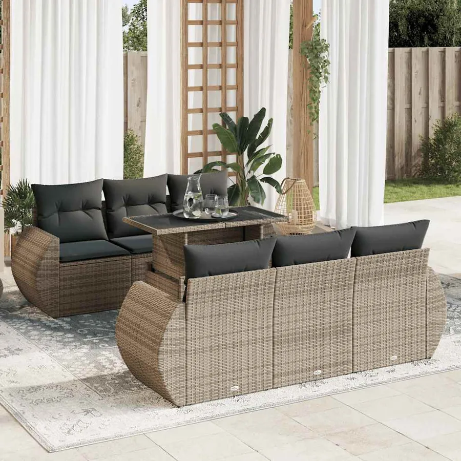 Salon de jardin avec coussins 7 pcs gris résine tressée