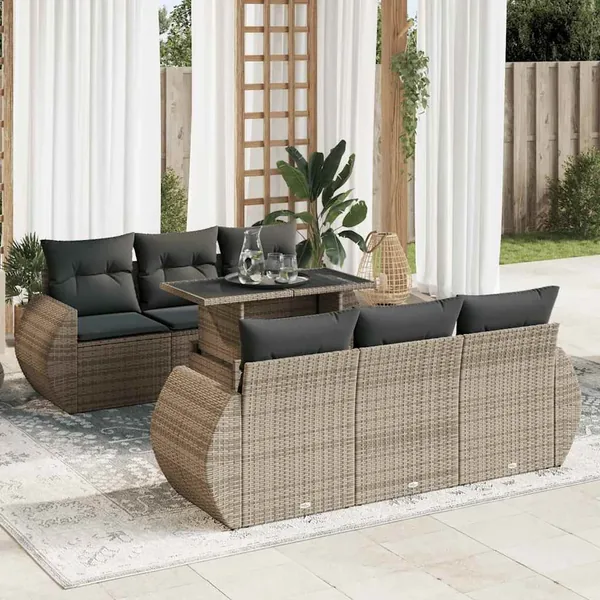 Salon de jardin avec coussins 7 pcs gris résine tressée