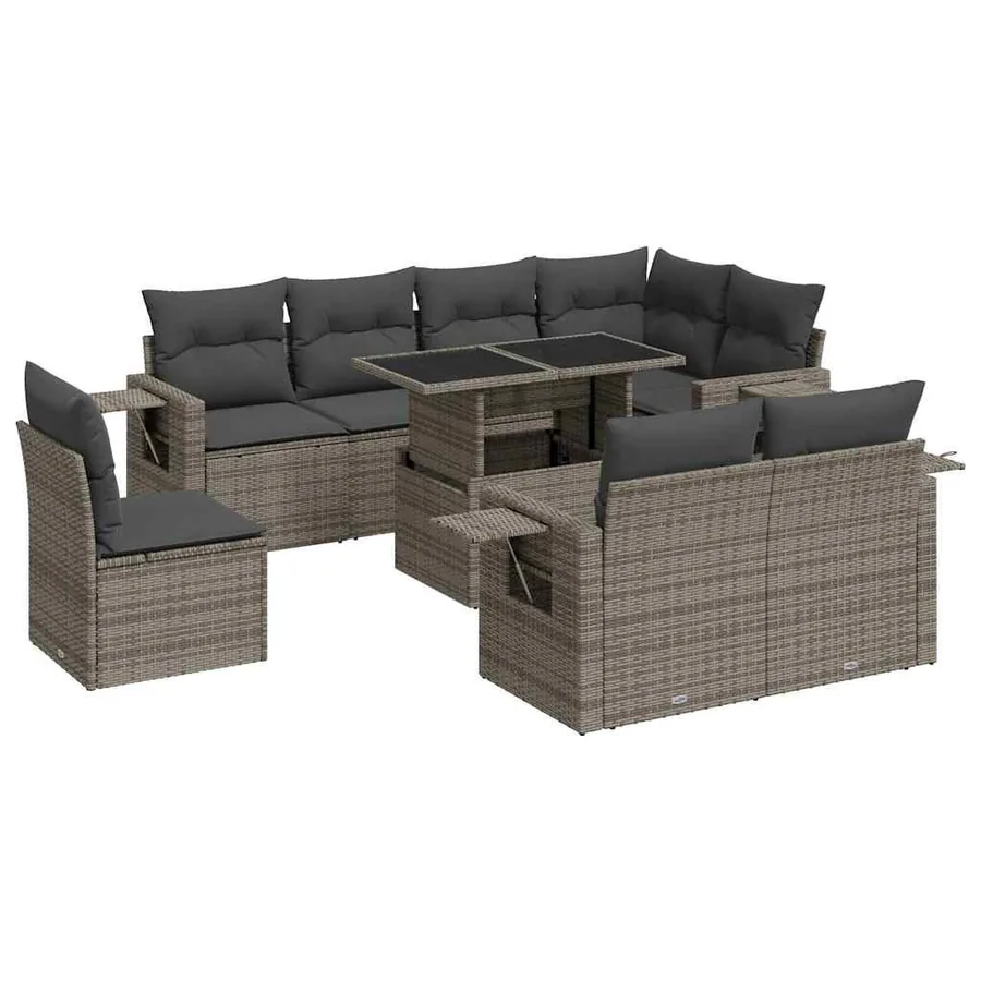 Salon de jardin 9 pcs avec coussins gris résine tressée - 2