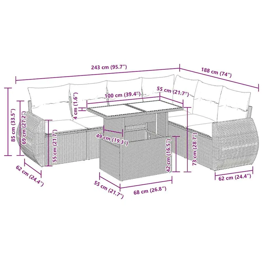 Salon de jardin avec coussins 7 pcs gris résine tressée - 15