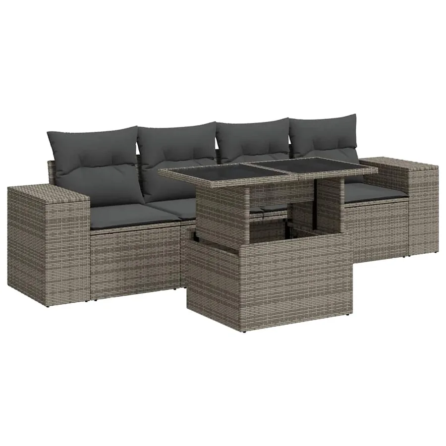 Salon de jardin 5 pcs avec coussins gris résine tressée - 2