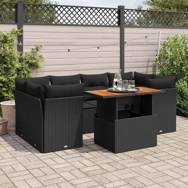 Salon de jardin 7 pcs avec coussins noir résine tressée 62 x 62 x 69 cm - 69,6 kg