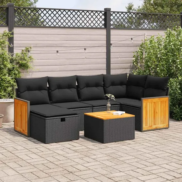 Salon de jardin 7 pcs avec coussins noir résine tressée 55 x 62 x 69 cm - 61,0 kg