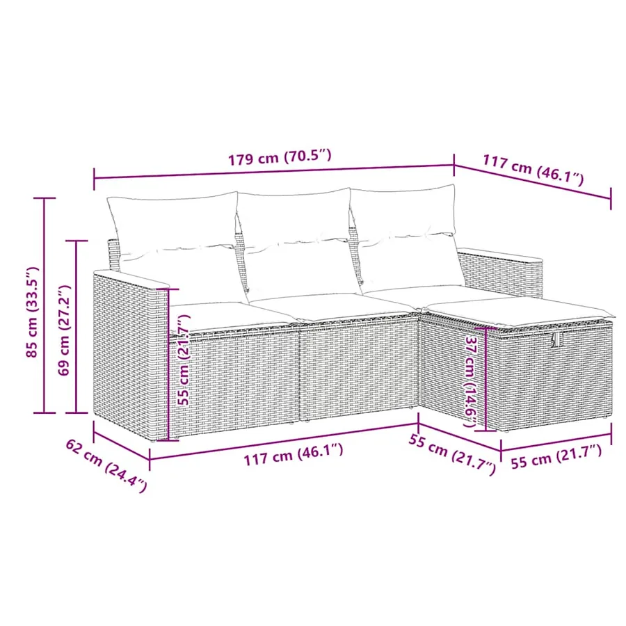 Salon de jardin 4 pcs avec coussins noir résine tressée - 12