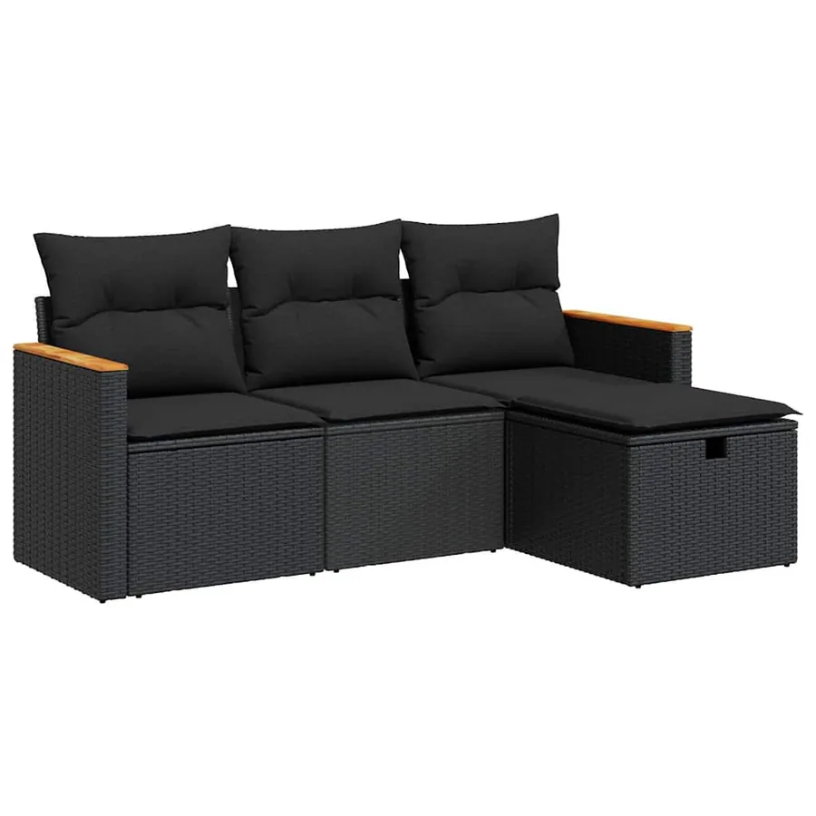 Salon de jardin 4 pcs avec coussins noir résine tressée - 2