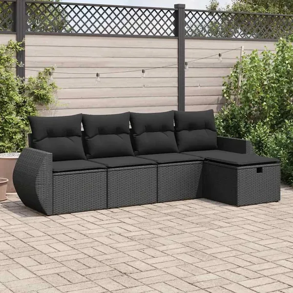 Salon de jardin 5 pcs avec coussins noir résine tressée