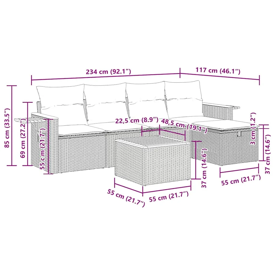 Salon de jardin 6 pcs avec coussins noir résine tressée - 14