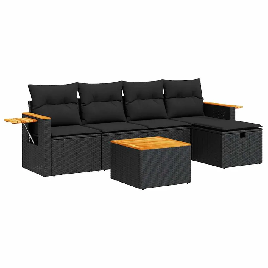 Salon de jardin 6 pcs avec coussins noir résine tressée - 2