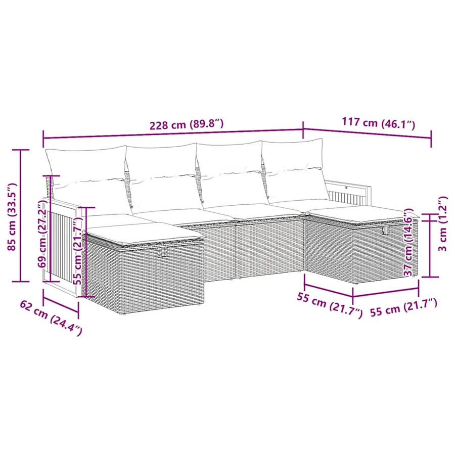 Salon de jardin 6 pcs avec coussins noir résine tressée - 12