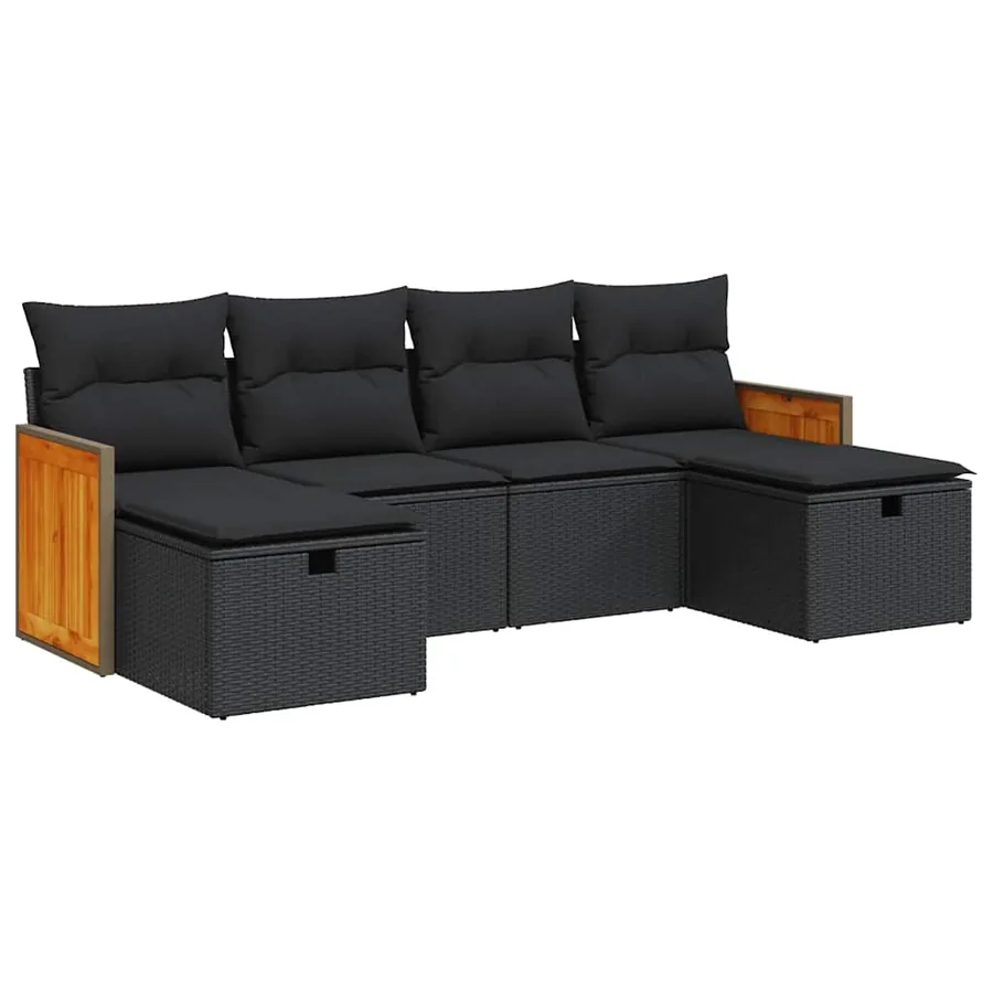 Salon de jardin 6 pcs avec coussins noir résine tressée - 2