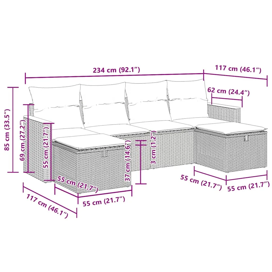Salon de jardin 6 pcs avec coussins noir résine tressée - 12