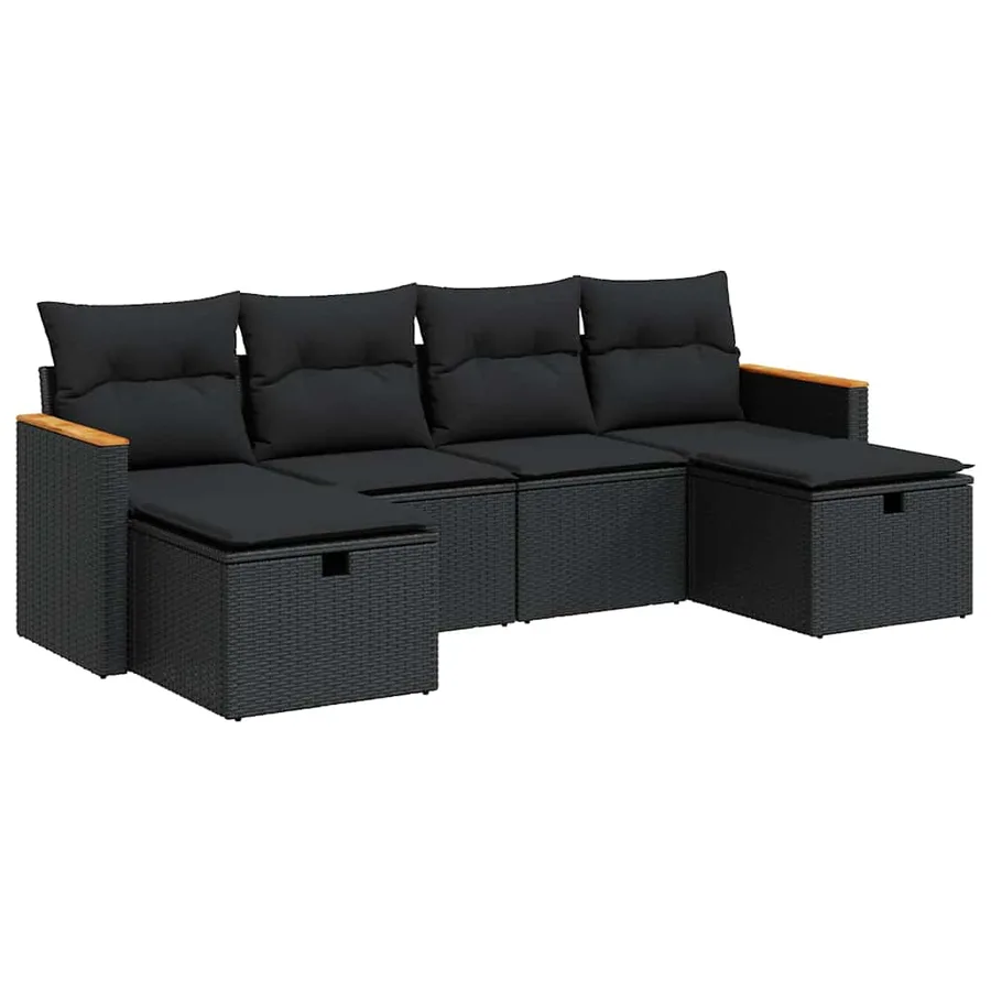 Salon de jardin 6 pcs avec coussins noir résine tressée - 2