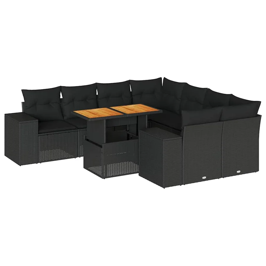 Salon de jardin 9 pcs avec coussins noir résine tressée - 2