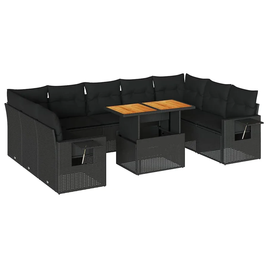 Salon de jardin 10 pcs avec coussins noir résine tressée - 2