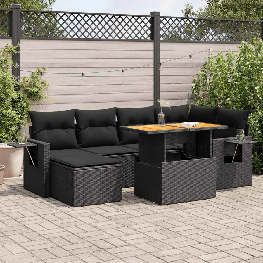 Salon de jardin 7 pcs avec coussins noir résine tressée 62 x 62 x 69 cm - 65,0 kg