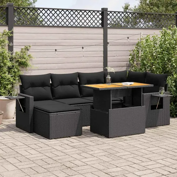 Salon de jardin 7 pcs avec coussins noir résine tressée 62 x 62 x 69 cm - 65,0 kg