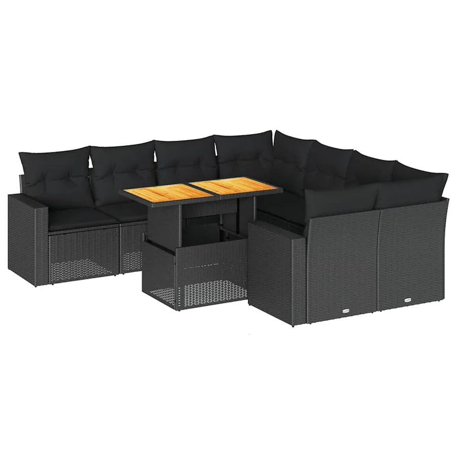 Salon de jardin 9 pcs avec coussins noir résine tressée - 2