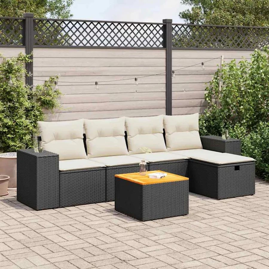 Salon de jardin 6 pcs avec coussins noir résine tressée