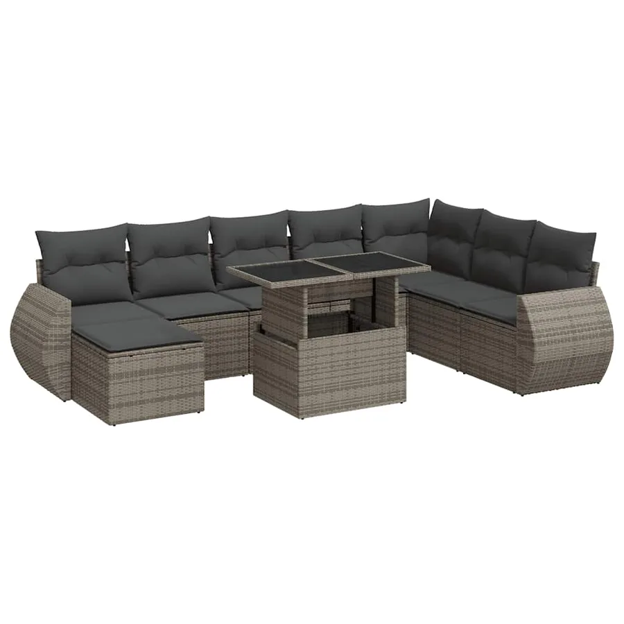 Salon de jardin 9 pcs avec coussins gris résine tressée - 2