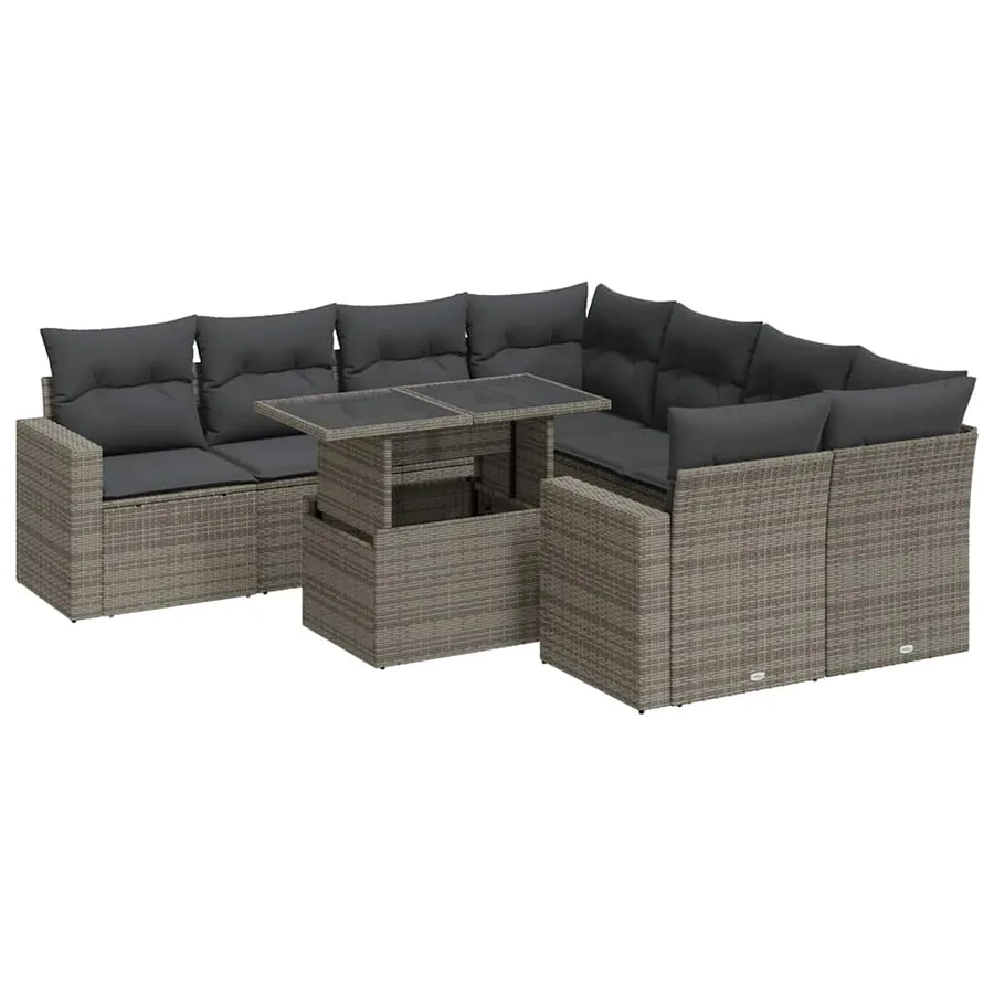 Salon de jardin 9 pcs avec coussins gris résine tressée - 2