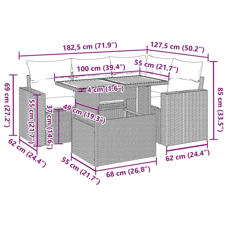 Salon de jardin 5 pcs avec coussins gris résine tressée - 14