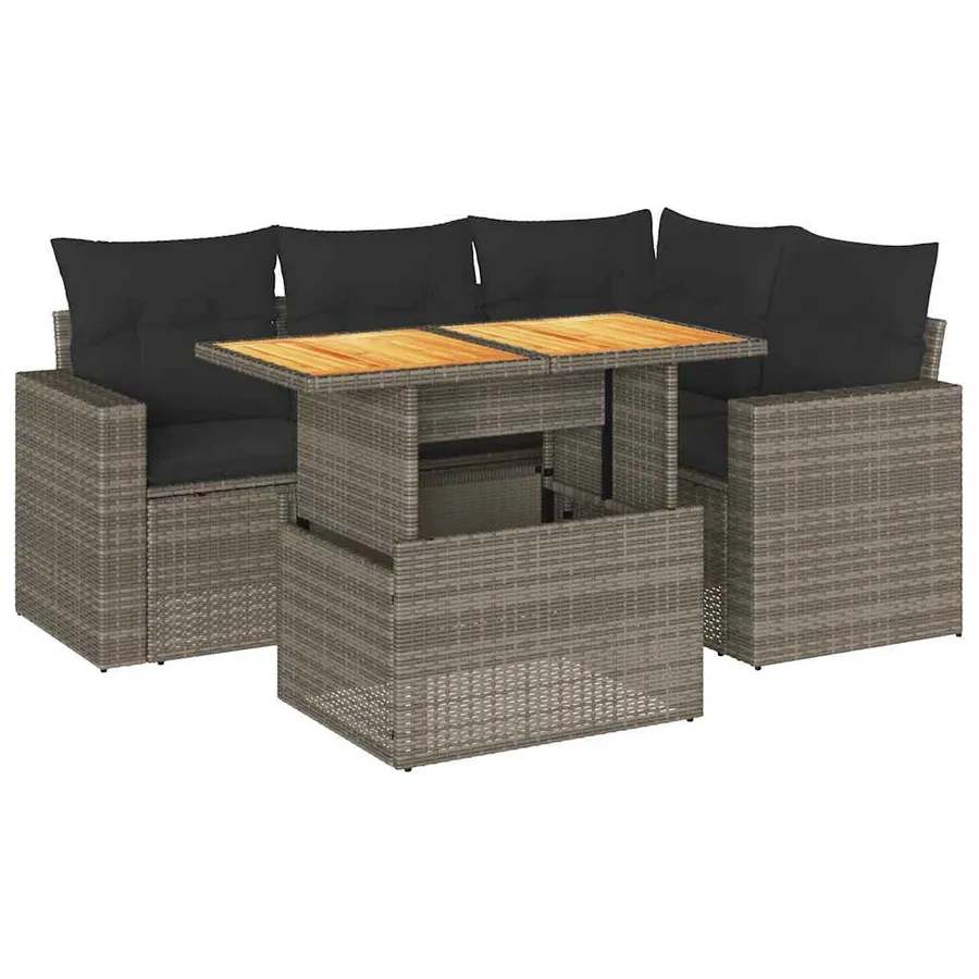 Salon de jardin 5 pcs avec coussins gris résine tressée - 2