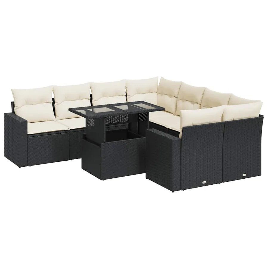 Salon de jardin 9 pcs avec coussins noir résine tressée - 2