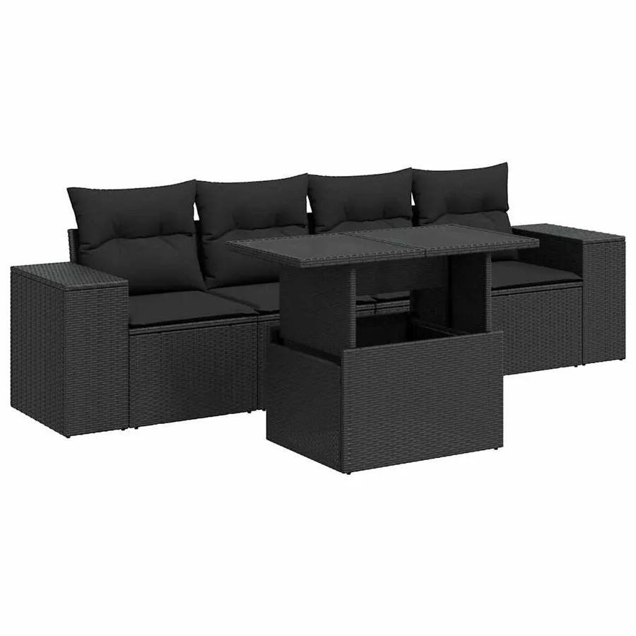 Salon de jardin 5 pcs avec coussins noir résine tressée - 2